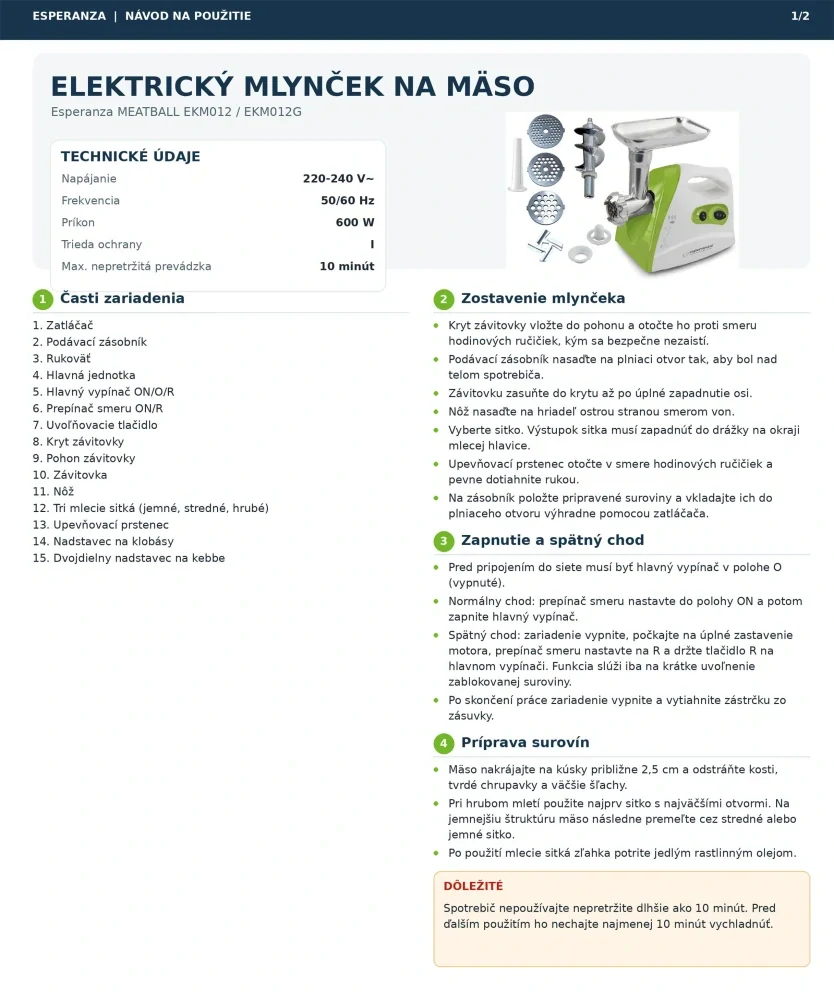 Elektrický mlynček na mäso Esperanza MEATBALL zelený