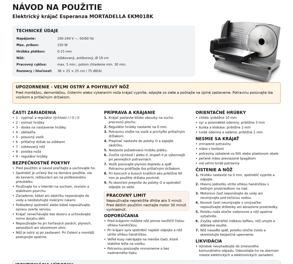 Elektrický krájač Esperanza MORTADELLA 150 W