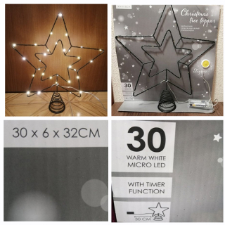 Vianončá hviezda na špic stromčeka 30 LED - 32 cm čierna