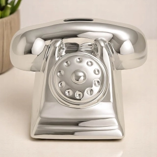 Keramická pokladnička v tvare retro telefónu – strieborná: 18 x 13 x 13 cm