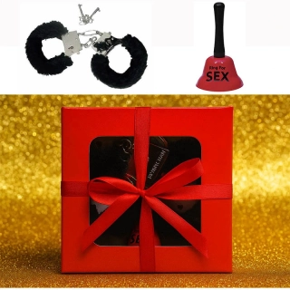 Darčeková sada s putami a zvončekom „Ring for Sex“ v červenej krabičke 15×15×3 cm