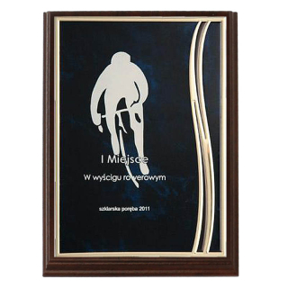 Kovová plaketa modrá na drevenej MDF podložke s gravírovaním 18x13cm 