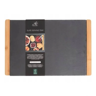 Servírovacia bridlicová podložka s bambusovými okrajmi Absolu Chic 35 × 20 cm – čierna