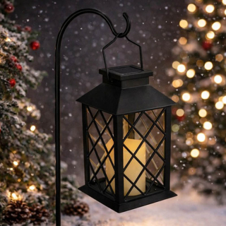 Dekoratívny solárny LED lampáš s elektrickou sviečkou čierny