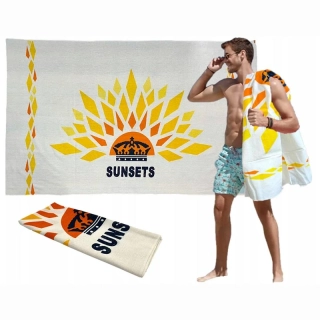 Veľký tkaný uterák z organickej bavlny SUNSETS – béžovo-oranžový vzor, 100 × 170 cm
