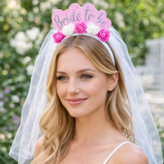 Čelenka Bride to be s tylovým závojom ružová s kvetmi, univerzálna veľkosť