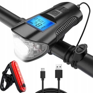 Cyklistická LED lampa 3 v 1 s klaksónom a cyklopočítačom