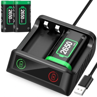 Nabíjačka a nabíjateľné batérie pre Xbox ovládač 2× 2650 mAh