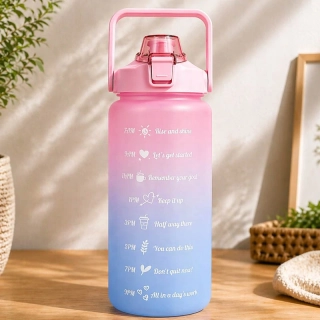 Športová fľaša na vodu 2 l s motivačnou mierkou a slamkou ružová