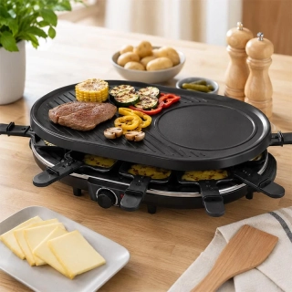 Raclette gril pre 8 osôb s panvičkami – stolné grilovanie a zapekanie
