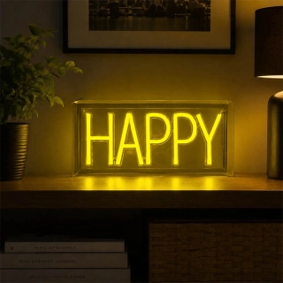 LED neónový nápis HAPPY – svietiaca dekorácia do interiéru