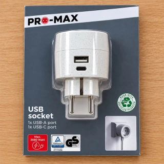 Zásuvkový adaptér Pro-Max s USB-A a USB-C, 16 A / 3680 W